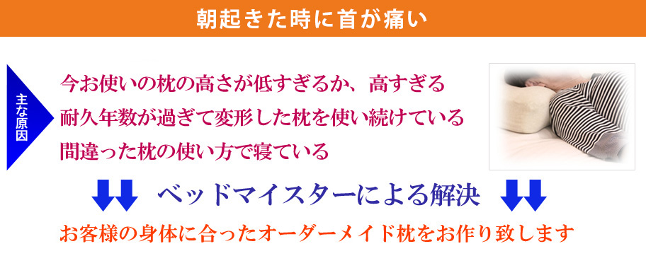 朝朝起きた時に首が痛い。主な原因は今お使いの枕の高さが低すぎるか、高すぎる、耐久年数が過ぎて変形した枕を使い続けている、間違った枕の使い方で寝ている。ベッドマイスターによる解決方法は。ベッドマイスターによる解決方法は